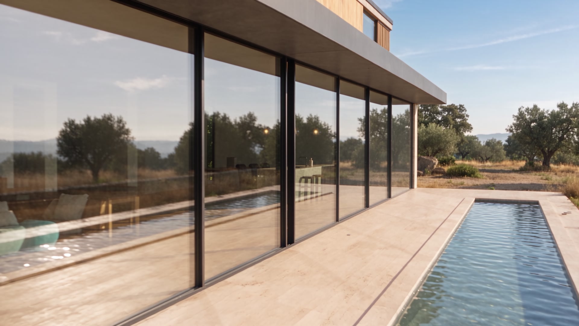 The reflecting pool along the glass line